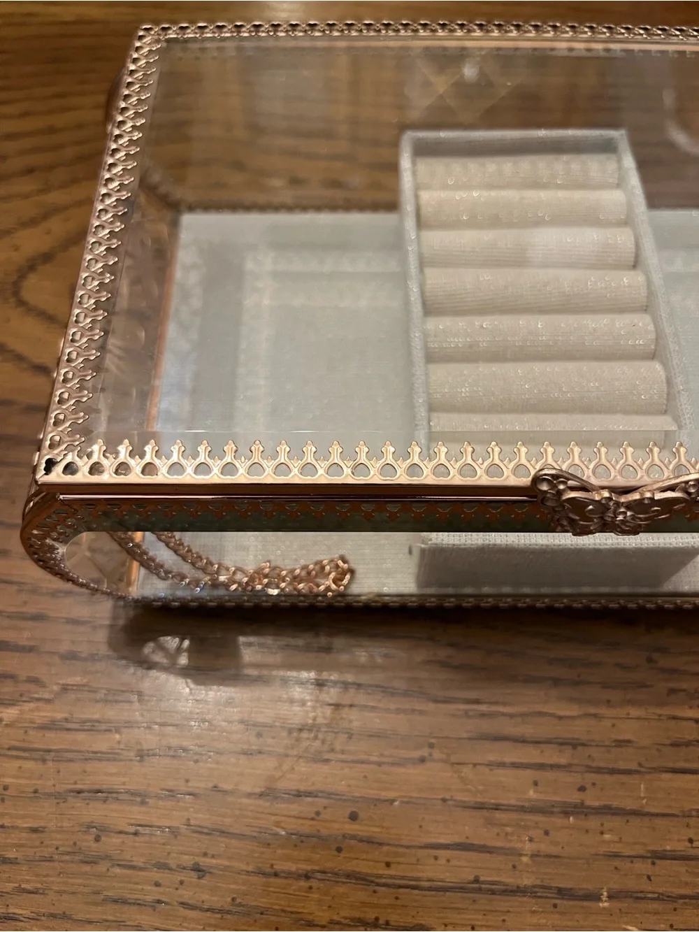 Rachel Ashwell Glass Jewelry Display Box with Rose Gold Trim and Gray Lining